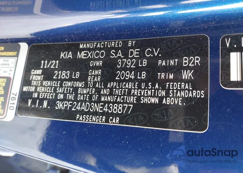 2022 Kia Forte Lxs from USA, damaged, VIN 3KPF24AD3NE438877
